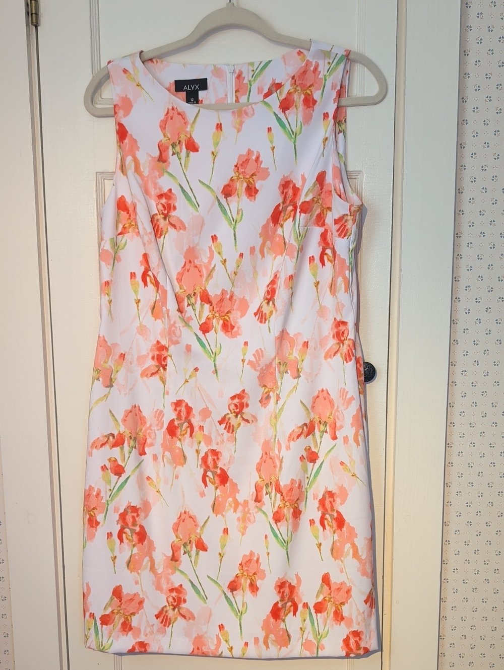 ALYX Dress White Floral Shift Coral Irises 12 Wedding Guest Bridal Shower